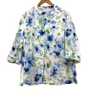 Jones New York Sport Women's XL 100% Linen Blouse Beach Resort Travel Floral